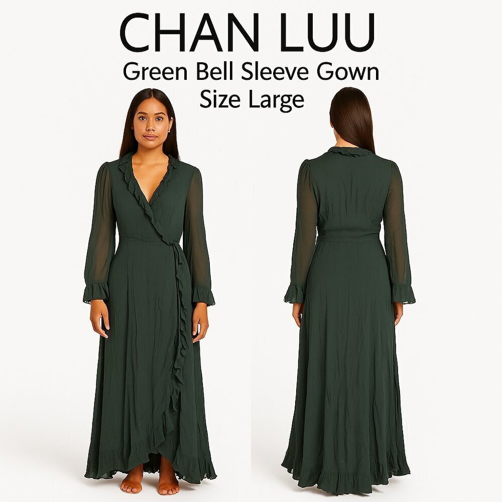 Chan Luu Emerald Green Sheer Long Sleeve Ruffle Wrap Maxi Gown – Size Large